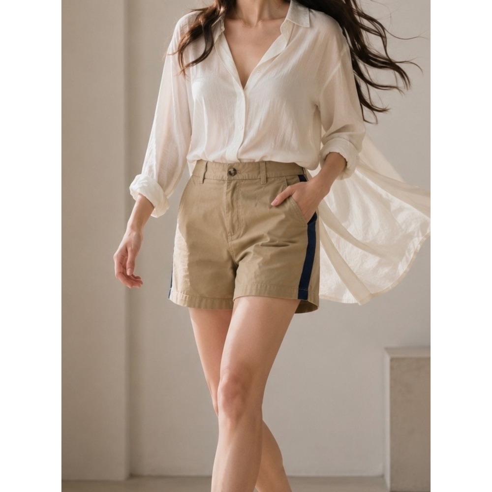 Tommy Hilfiger Women 14 Khaki Tan Navy Side Stripe 5" Classic Stretch Shorts NEW